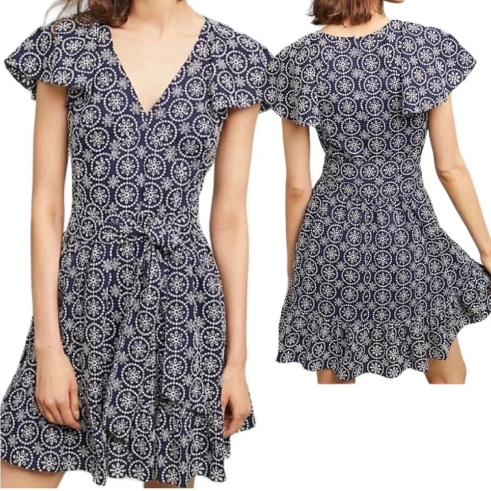 Shoshanna Danica Embroidered Floral Eyelet Lace Dress Navy Blue 10 - Picture 2 of 10